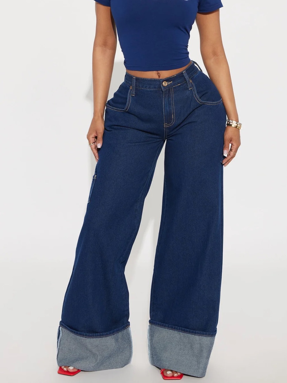 Fashion Nova | Cuffed Wide Leg Dark Blue Women's Jeans